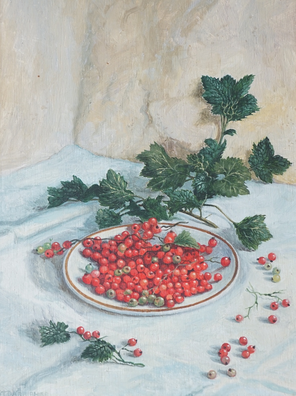 Stephen Darbishire (b.1940), oil on board, Still life of redcurrants, signed, 22 x 16cm. Condition - good